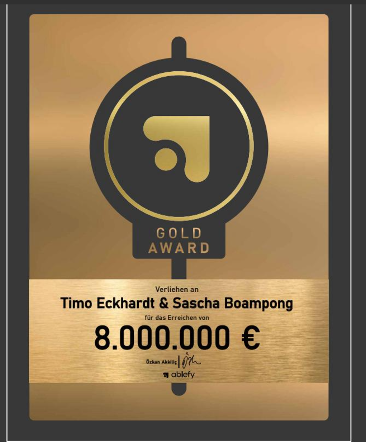 elopage Gold Award für Timo Eckhardt & Sascha Boampong (8.000.000 €)